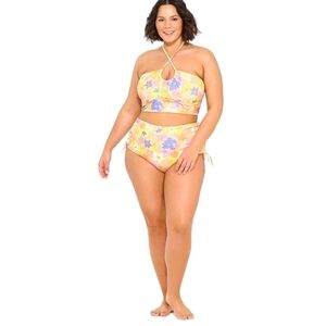 Ninety-Nine° Bandeau Bikini Juniors Plus Sz 2X Waikiki Print Halter Crop Top NWT